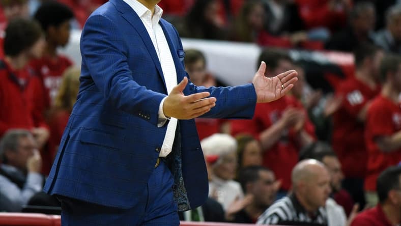 Feb 29, 2020; Raleigh, North Carolina, USA; Pitt Panthers head coach Jeff Capel reacts during the first half against the North Carolina State Wolfpack at PNC Arena. Mandatory Credit: Rob Kinnan-USA TODAY Sports