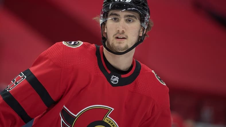 Mar 25, 2021; Ottawa, Ontario, CAN; Ottawa Senators left wing Alex Formenton (59) skates during warmup prior to game against the Toronto Maple Leafs at the Canadian Tire Centre. Mandatory Credit: Marc DesRosiers-USA TODAY Sports