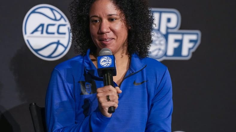 Oct 13, 2021; Charlotte, NC, USA; Duke Blue Devils head coach Kara Lawson during the ACC Tip Off at Charlotte Marriott City Center. Mandatory Credit: Jim Dedmon-USA TODAY Sports