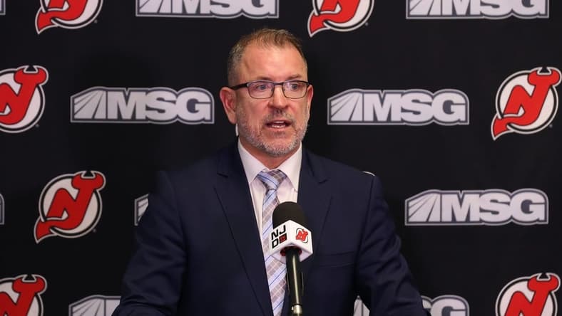 Nov 30, 2021; Newark, New Jersey, USA; New Jersey Devils executive vice president/general managerTom Fitzgerald, addresses the media about the contract extension of New Jersey Devils center Jack Hughes (86) before the start of the game against the San Jose Sharks at Prudential Center. Mandatory Credit: Tom Horak-USA TODAY Sports