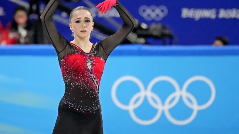 Feb 17, 2022; Beijing, China; Kamila Valieva (ROC) during the Beijing 2022 Olympic Winter Games at Capital Indoor Stadium. Mandatory Credit: Robert Deutsch-USA TODAY Sports