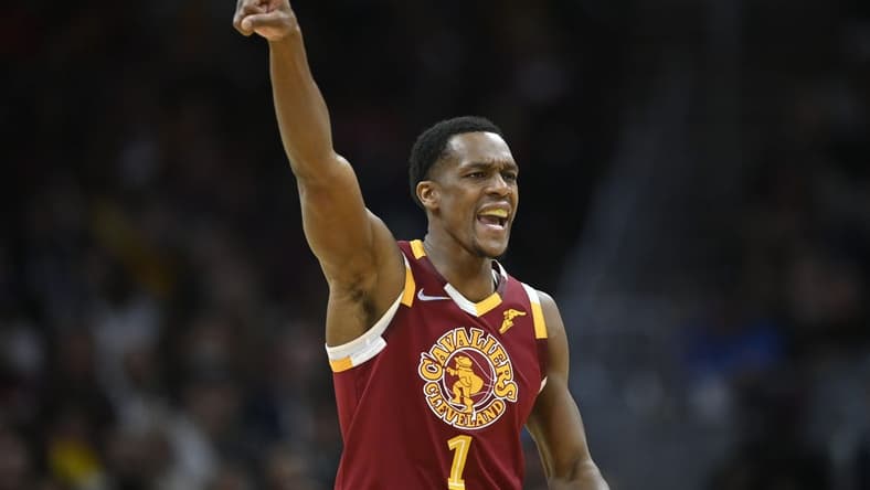 Apr 15, 2022; Cleveland, Ohio, USA; Cleveland Cavaliers guard Rajon Rondo (1) runs the offense in the fourth quarter against the Atlanta Hawks at Rocket Mortgage FieldHouse. Mandatory Credit: David Richard-USA TODAY Sports
