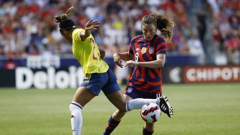 Jun 28, 2022; Sandy, Utah, USA; Columbia forward Elexa Bahr (23) and USA defender Sofia Huerta (8) battle in the first half during an international friendly soccer match at Rio Tinto Stadium. Mandatory Credit: Jeffrey Swinger-USA TODAY Sports