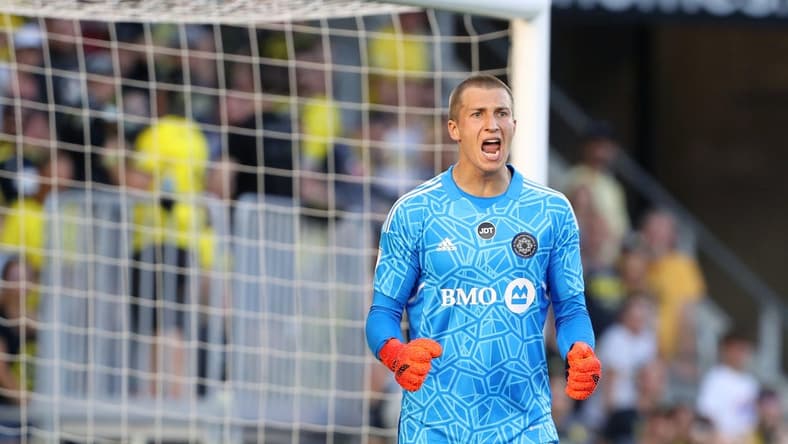 Aug 3, 2022; Columbus, Ohio, USA; CF Montreal goalkeeper Sebastian Breza (1) reacts after a save during the first half against the Columbus Crew at Lower.com Field. Mandatory Credit: Joseph Maiorana-USA TODAY Sports