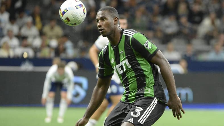 Oct 1, 2022; Vancouver, British Columbia, CAN; Austin FC defender Jhohan Romana (3) heads the ball during the second half against the Vancouver Whitecaps FC at BC Place. Mandatory Credit: Anne-Marie Sorvin-USA TODAY Sports