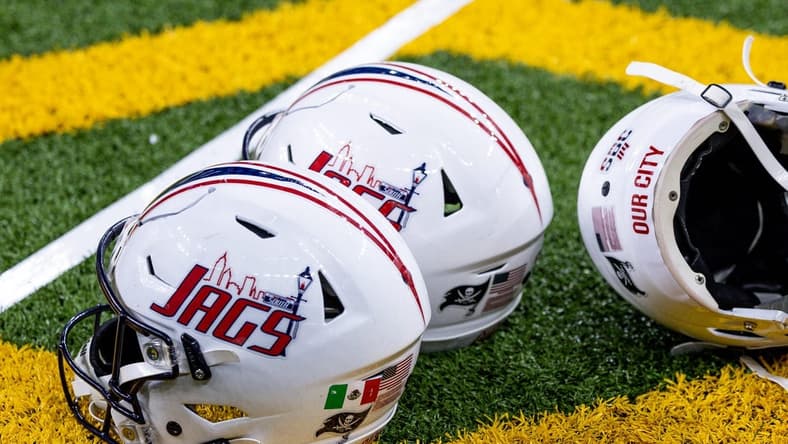 Dec 21, 2022; New Orleans, Louisiana, USA; General view of the South Alabama Jaguars helmets against the Western Kentucky Hilltoppers during the first half at Caesars Superdome. Mandatory Credit: Stephen Lew-USA TODAY Sports