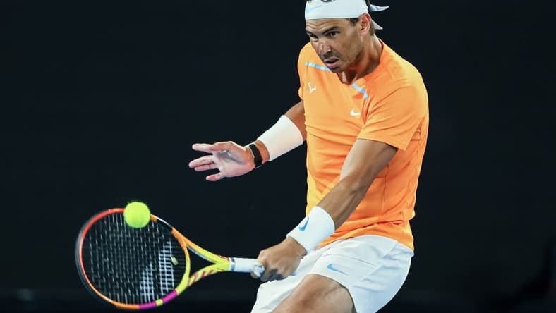 Jan 18, 2023; Melbourne, VICTORIA, Australia; Rafael Nadal during his second round match against Mackenzie Mcdonald on day three of the 2023 Australian Open tennis tournament at Melbourne Park. Mandatory Credit: Mike Frey-USA TODAY Sports