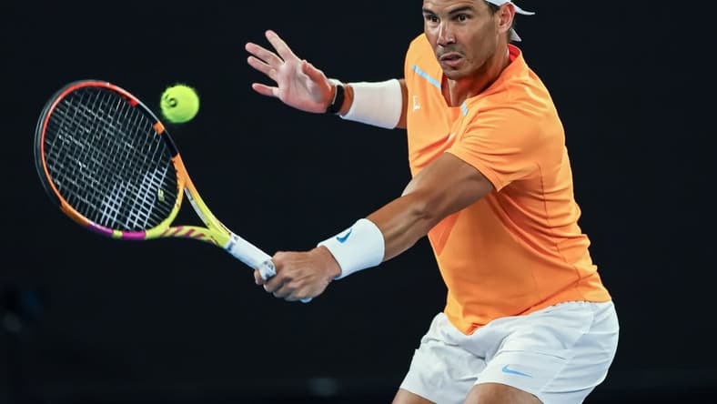 Jan 18, 2023; Melbourne, VICTORIA, Australia; Rafael Nadal during his second round match against Mackenzie Mcdonald on day three of the 2023 Australian Open tennis tournament at Melbourne Park. Mandatory Credit: Mike Frey-USA TODAY Sports