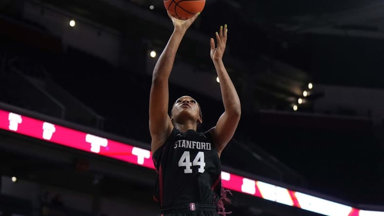 Jan 15, 2023; Los Angeles, California, USA; Stanford Cardinal forward Kiki Iriafen (44) shoots the ball against the Southern California Trojans in the second half at Galen Center. USC defeated Stanford 55-46. Mandatory Credit: Kirby Lee-USA TODAY Sports