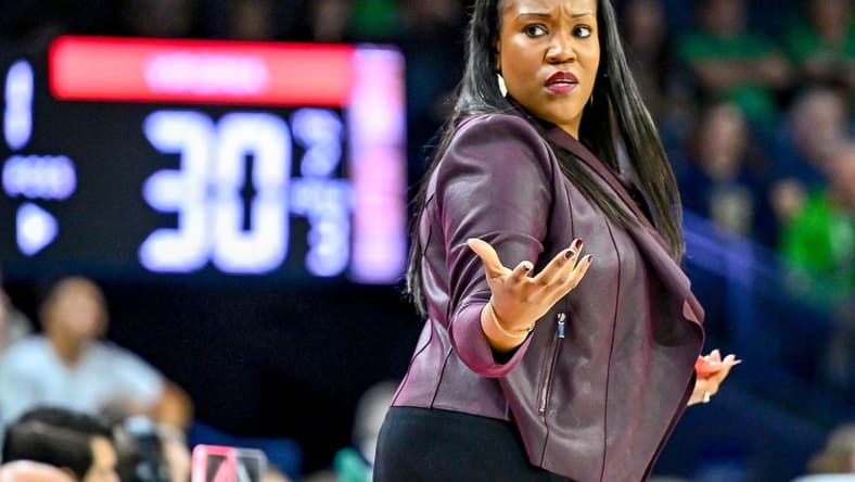 Jan 22, 2023; South Bend, Indiana, USA; Virginia Cavaliers head coach Amaka Agugua-Hamilton looks to her bench in the second half against the Notre Dame Fighting Irish at the Purcell Pavilion. Mandatory Credit: Matt Cashore-USA TODAY Sports