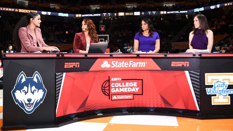 From left, Andraya Carter, Elle Duncan, Carolyn Peck, and Rebecca Lobo hosting College GameDay before the start of the NCAA college basketball game between the Tennessee Lady Vols and Connecticut Huskies on Knoxville, Tenn. on Thursday, January 26, 2023.
Gvx Lady Vols Uconn Basketball