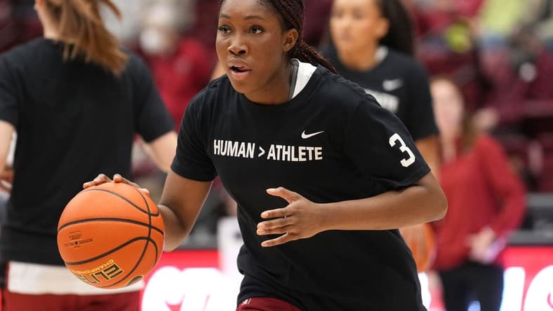 Jan 20, 2023; Stanford, California, USA; Stanford Cardinal forward Kiki Iriafen (44) warms up before the game against the Utah Utes at Maples Pavilion. Mandatory Credit: Darren Yamashita-USA TODAY Sports
