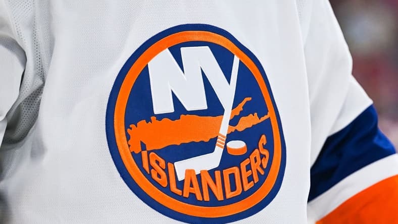 Feb 11, 2023; Montreal, Quebec, CAN; View of a New York Islanders logo on a jersey worn by a member of the team against the Montreal Canadiens during the second period at Bell Centre. Mandatory Credit: David Kirouac-USA TODAY Sports