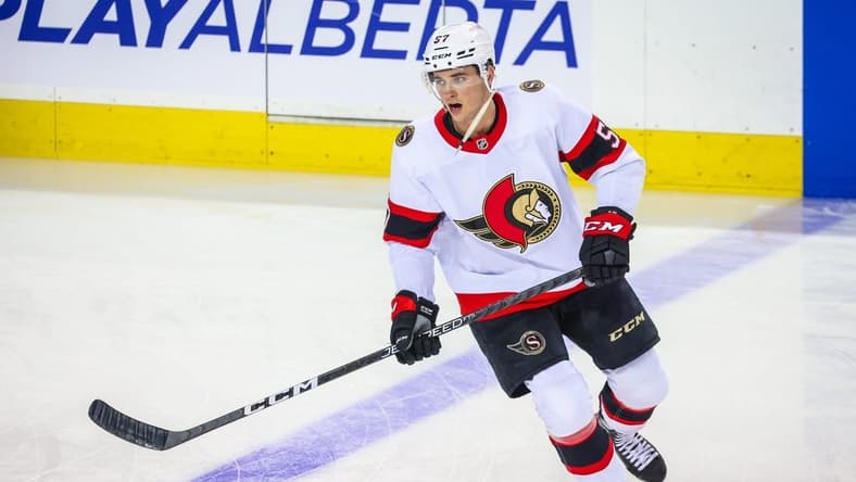 Mar 12, 2023; Calgary, Alberta, CAN; Ottawa Senators center Shane Pinto (57) skates during the warmup period against the Calgary Flames at Scotiabank Saddledome. Mandatory Credit: Sergei Belski-USA TODAY Sports