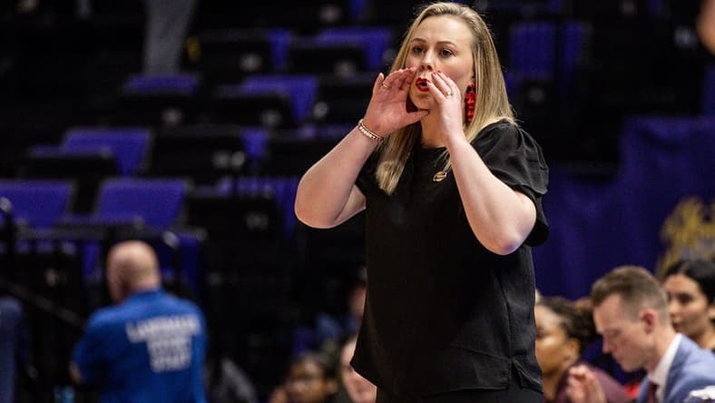 Mar 17, 2023; Baton Rouge, LA, USA; UNLV Lady Rebels head coach Lindy La Rocque reacts to a play against the Michigan Wolverines during the second half at Pete Maravich Assembly Center. Mandatory Credit: Stephen Lew-USA TODAY Sports
