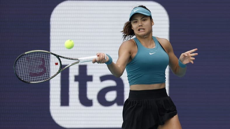 Mar 22, 2023; Miami, Florida, US; Emma Raducanu (GBR) hits a forehand against Bianca Andreescu (CAN) (not pictured) on day three of the Miami Open at Hard Rock Stadium. Mandatory Credit: Geoff Burke-USA TODAY Sports