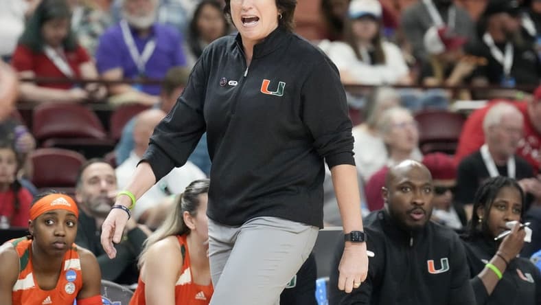 Mar 24, 2023; Greenville, SC, USA; Miami Hurricanes head coach Katie Meier during the second half of the NCAA Women s Tournament against the Villanova Wildcats at Bon Secours Wellness Arena. Mandatory Credit: Jim Dedmon-USA TODAY Sports