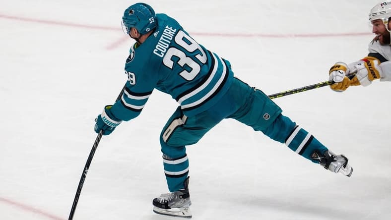 Mar 30, 2023; San Jose, California, USA; San Jose Sharks center Logan Couture (39) during overtime scores the winning goal against the Vegas Golden Knights at SAP Center at San Jose. Mandatory Credit: Neville E. Guard-USA TODAY Sports