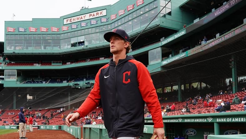 Apr 29, 2023; Boston, Massachusetts, USA; Cleveland Guardians starting pitcher Zach Plesac (34) walks onto the field before the start of the game against the Boston Red Soxat Fenway Park. Mandatory Credit: David Butler II-USA TODAY Sports