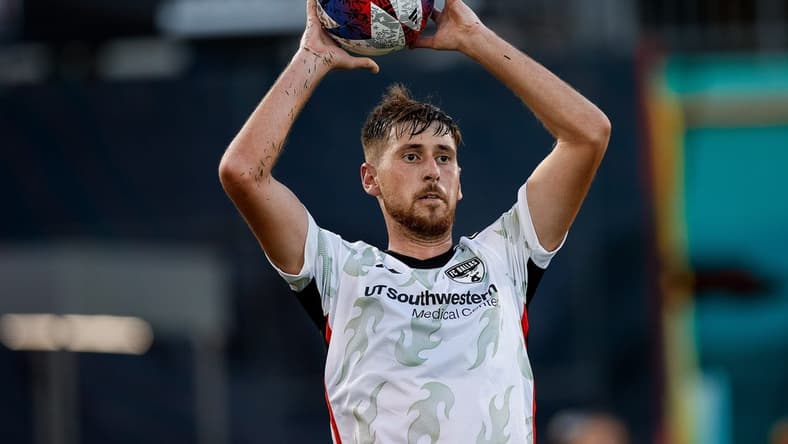 Jul 8, 2023; Commerce City, Colorado, USA; FC Dallas defender Amet Korca (24) throws in the ball in the first half against the Colorado Rapids at Dick's Sporting Goods Park. Mandatory Credit: Isaiah J. Downing-USA TODAY Sports