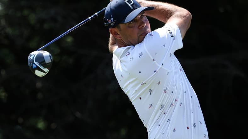 Jul 27, 2023; Blaine, Minnesota, USA; Gary Woodland hits his tee shot on the 2nd hole during the first round of the 3M Open golf tournament. Mandatory Credit: Matt Krohn-USA TODAY Sports