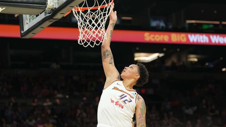 Aug 5, 2023; Phoenix, Arizona, USA; Phoenix Mercury center Brittney Griner (42) puts up a layup against the Seattle Storm during the first half at Footprint Center. Mandatory Credit: Joe Camporeale-USA TODAY Sports