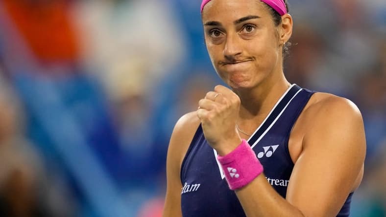 Caroline Garcia pumps her first in the first set of a Round of 32 match between Sloane Stephens (USA) and Garcia (FRA) in the Western & Southern Open at the Lindner Family Tennis Center in Mason, Ohio, on Tuesday, Aug. 15, 2023.