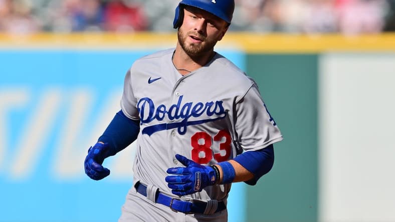 Aug 24, 2023; Cleveland, Ohio, USA; Los Angeles Dodgers designated hitter Michael Busch (83) rounds the bases after hitting a home run during the fourth inning against the Cleveland Guardians at Progressive Field. Mandatory Credit: Ken Blaze-USA TODAY Sports