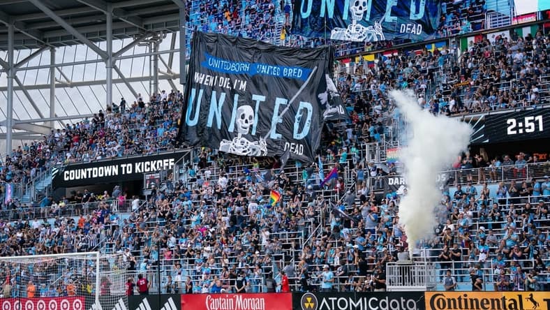 Aug 27, 2023; Saint Paul, Minnesota, USA; Minnesota United fans unveil the tifo against the Seattle Sounders in the first half at Allianz Field. Mandatory Credit: Brad Rempel-USA TODAY Sports