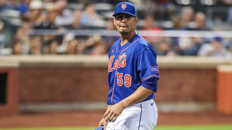 Aug 26, 2023; New York City, New York, USA; New York Mets starting pitcher Carlos Carrasco (59) at Citi Field. Mandatory Credit: Wendell Cruz-USA TODAY Sports