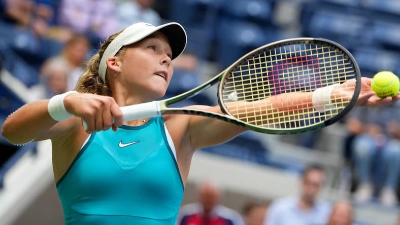 Aug 30, 2023; Flushing, NY, USA; Mirra Andreeva hits to Coco Gauff of the USA on day three of the 2023 U.S. Open tennis tournament at USTA Billie Jean King National Tennis Center. Mandatory Credit: Robert Deutsch-USA TODAY Sports