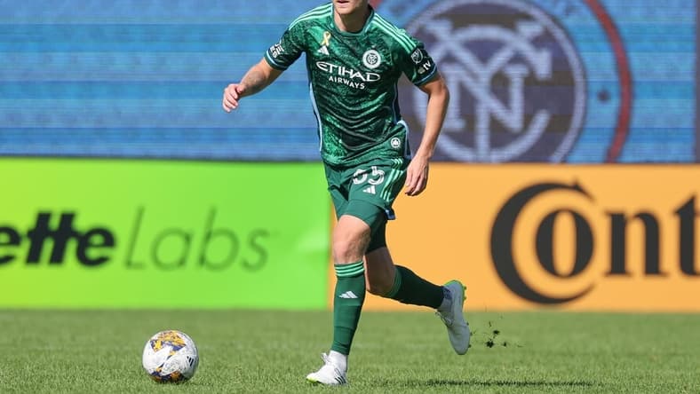Sep 2, 2023; New York, New York, USA; New York City FC midfielder Keaton Parks (55) controls the ball against the Vancouver Whitecaps during the first half at Yankee Stadium. Mandatory Credit: Vincent Carchietta-USA TODAY Sports