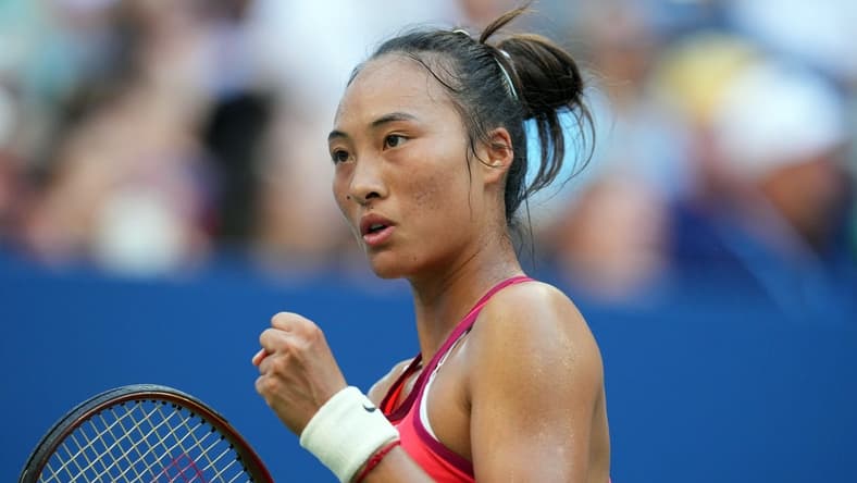 Sep 4, 2023; Flushing, NY, USA; Qinwen Zheng of China reacts after winning a point against Ons Jabeur of Tunisia on day eight of the 2023 U.S. Open tennis tournament at USTA Billie Jean King National Tennis Center. Mandatory Credit: Danielle Parhizkaran-USA TODAY Sports