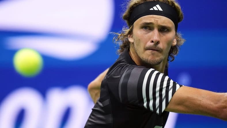 Sep 6, 2023; Flushing, NY, USA; Alexander Zverev of Germany hits to Carlos Alcaraz of Spain on day ten of the 2023 U.S. Open tennis tournament at USTA Billie Jean King National Tennis Center. Mandatory Credit: Danielle Parhizkaran-USA TODAY Sports
