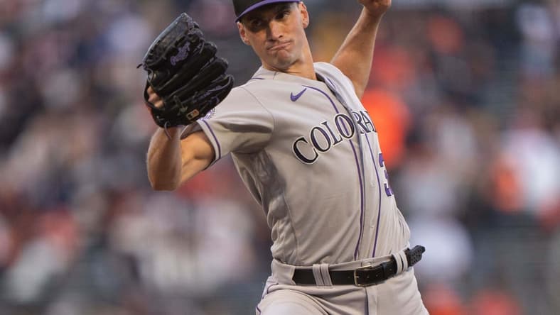 Sep 10, 2023; San Francisco, California, USA; Colorado Rockies relief pitcher Brent Suter (39) pitches during the sixth inning against the San Francisco Giants at Oracle Park. Mandatory Credit: Stan Szeto-USA TODAY Sports