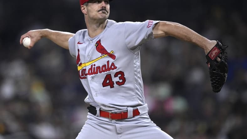 Sep 22, 2023; San Diego, California, USA; St. Louis Cardinals starting pitcher Dakota Hudson (43) throws a pitch against the San Diego Padres during the first inning at Petco Park. Mandatory Credit: Orlando Ramirez-USA TODAY Sports