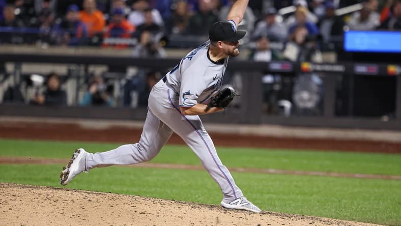 Sep 27, 2023; New York, NY, USA; Miami Marlins relief pitcher Matt Moore (45) delivers a pitch during the ninth inning against the New York Mets during the eighth inning at Citi Field. Mandatory Credit: Vincent Carchietta-USA TODAY Sports