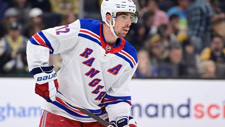 Sep 24, 2023; Boston, Massachusetts, USA; New York Rangers center Filip Chytil (72) skates against the Boston Bruins during the second period at TD Garden. Mandatory Credit: Eric Canha-USA TODAY Sports