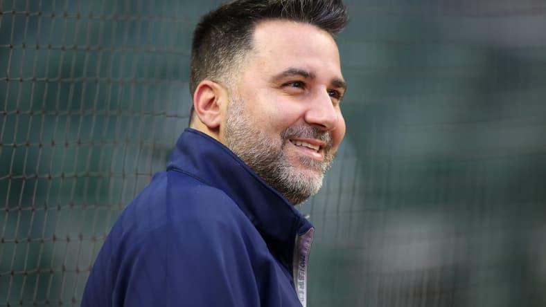 Oct 6, 2023; Atlanta, GA, USA; Atlanta Braves general manager Alex Anthopoulos watches a workout before the NLDS against the Philadelphia Phillies at Truist Park. Mandatory Credit: Brett Davis-USA TODAY Sports