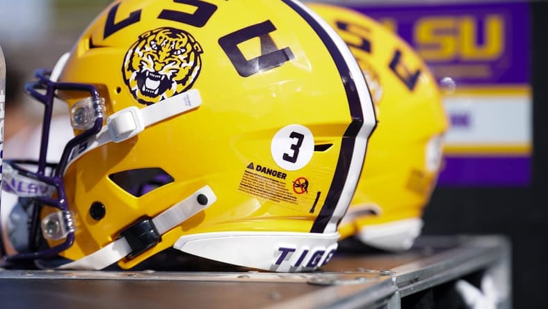 Oct 7, 2023; Columbia, Missouri, USA; A general view of a LSU Tigers helmet against the Missouri Tigers during the first half at Faurot Field at Memorial Stadium. Mandatory Credit: Denny Medley-USA TODAY Sports