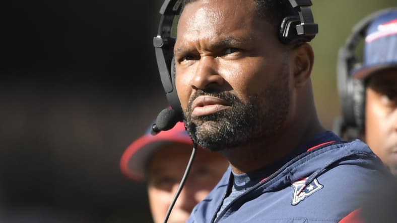 Oct 8, 2023; Foxborough, Massachusetts, USA;  New England Patriots linebackers coach Jerod Mayo during the second half against the New Orleans Saints at Gillette Stadium. Mandatory Credit: Bob DeChiara-USA TODAY Sports