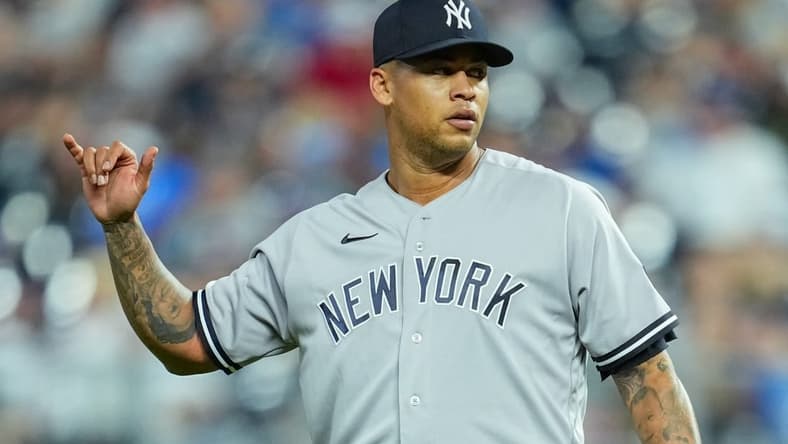 Sep 30, 2023; Kansas City, Missouri, USA; New York Yankees starting pitcher Frankie Montas (47) during the sixth inning against the Kansas City Royals at Kauffman Stadium. Mandatory Credit: Jay Biggerstaff-USA TODAY Sports