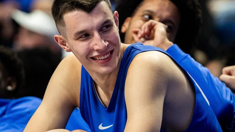 Zonimir Ivisic, the 7-foot-2 freshman center from Croatia, laughed with his teammates druing Big Blue Madness on Friday evening at Rupp Arena. Oct. 13, 2023