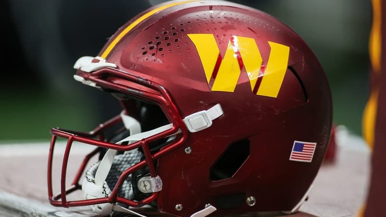 Oct 15, 2023; Atlanta, Georgia, USA; A Washington Commanders helmet on the sideline against the Atlanta Falcons in the second half at Mercedes-Benz Stadium. Mandatory Credit: Brett Davis-USA TODAY Sports