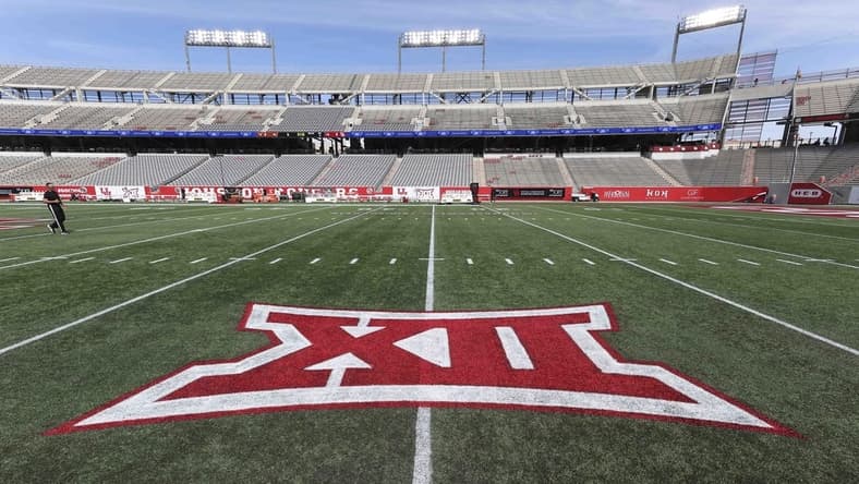 Oct 21, 2023; Houston, Texas, USA; General view of the Big 12 logo on the field at TDECU Stadium before the game between the Houston Cougars and the Texas Longhorns. Mandatory Credit: Troy Taormina-USA TODAY Sports