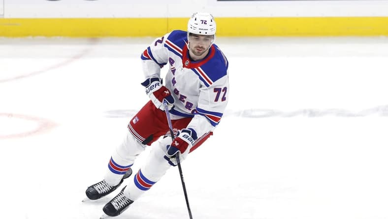 Oct 30, 2023; Winnipeg, Manitoba, CAN;New York Rangers center Filip Chytil (72) warms up before a game against the Winnipeg Jets  at Canada Life Centre. Mandatory Credit: James Carey Lauder-USA TODAY Sports