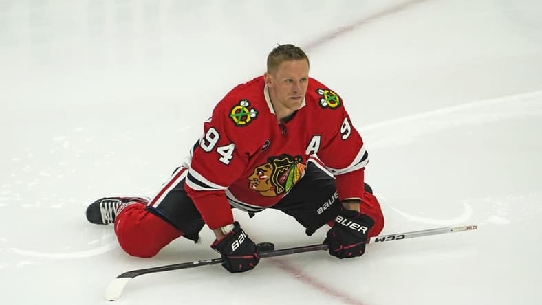 Nov 5, 2023; Chicago, Illinois, USA; Chicago Blackhawks right wing Corey Perry (94) warms up before the game against the New Jersey Devils at United Center. Mandatory Credit: David Banks-USA TODAY Sports