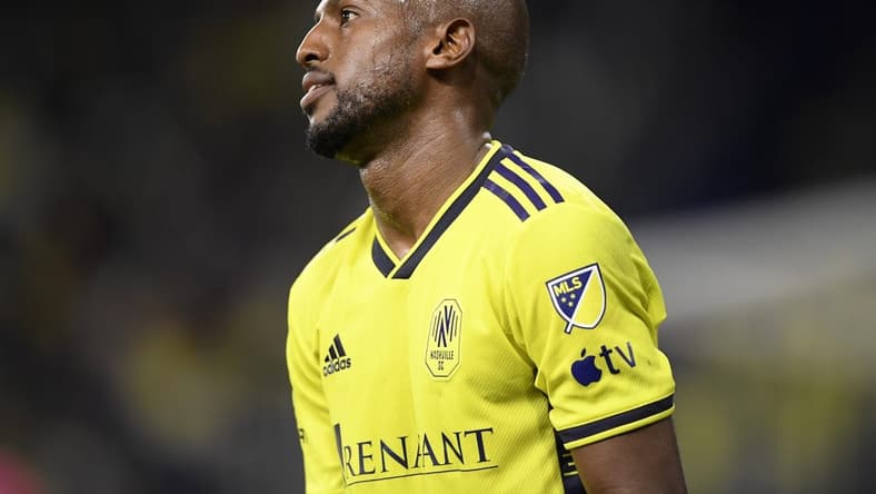Nov 7, 2023; Nashville, Tennessee, USA; Nashville SC midfielder Fafa Picault (7) reacts in the second half against the Orlando City at Geodis Park. Mandatory Credit: Steve Roberts-USA TODAY Sports
