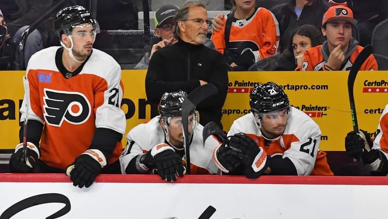 Nov 4, 2023; Philadelphia, Pennsylvania, USA; Philadelphia Flyers head coach John Tortorella against the Los Angeles Kings at Wells Fargo Center. Mandatory Credit: Eric Hartline-USA TODAY Sports