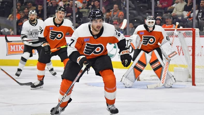 Nov 4, 2023; Philadelphia, Pennsylvania, USA; Philadelphia Flyers left wing Noah Cates (27) against the Los Angeles Kings at Wells Fargo Center. Mandatory Credit: Eric Hartline-USA TODAY Sports